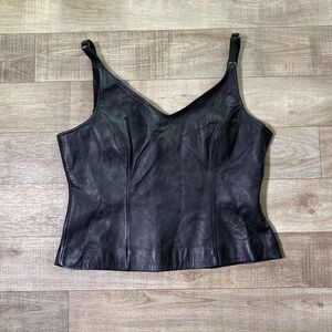 BONUS Italian Fashions Real Black Leather Midi Crop Cami Shirt Goth Witchy